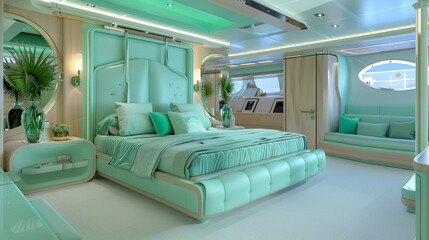 Luxury yacht bedroom with intricate details, featuring a serene mint green theme.