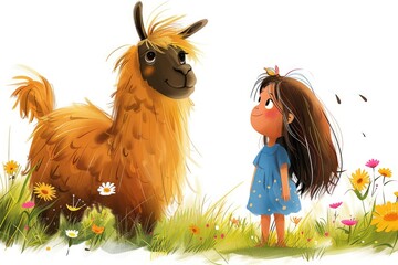 A little girl in a blue dress and a cute llama in a meadow full of flowers, illustrated in a colorful cartoon style, isolated on a white background, creating a fairytale feel.
