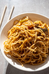 noodles with mushrooms and soy sauce close-up