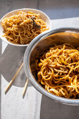 noodles with mushrooms and soy sauce close-up