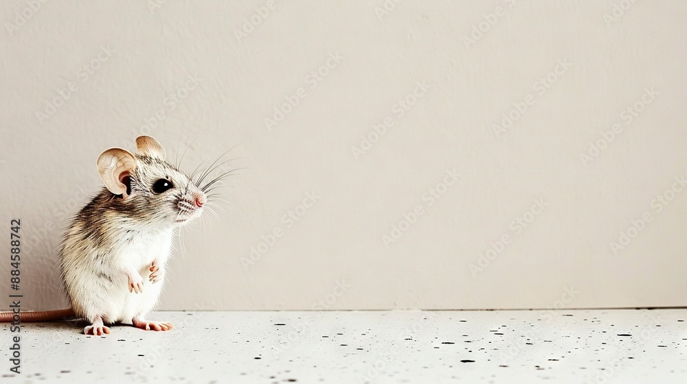 Poster   A rodent perched atop white flooring beside a white wall and black-and-white spotted floor