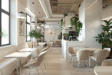 Interior shot of a trendy cafeteria with white furniture and plants