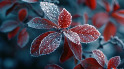 Fototapeta premium Frost on a branch with pink leaves against a blurred background of pink and purple hues, showing the beauty of winter nature.