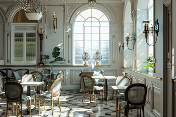 A stylish cafe interior with elegant seating and neoclassical design