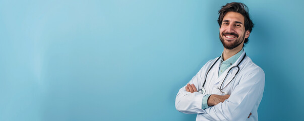 Naklejka premium Medical professional holding a stethoscope and smiling for portraits, bright background and wide copy space .医療専門家がステトスコープを持ち笑顔でポートレート撮影、明るい背景と広いコピー空間.Generative AI 