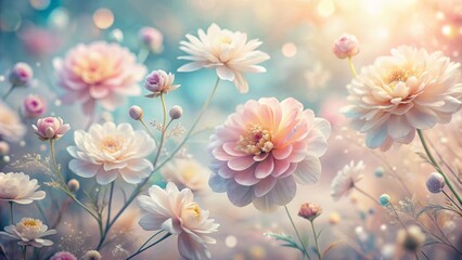 Delicate, pastel-hued, softly-focused, blooming flowers blur into a serene, dreamy, ethereal, creamy, whimsical, gentle, abstract background.