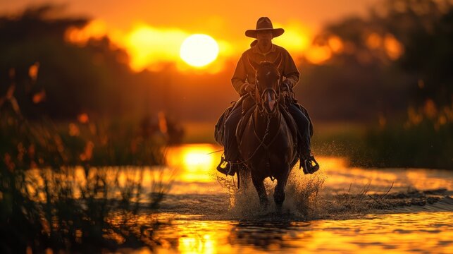 Papel de parede mostrando um vaqueiro caminhando com seu cavalo no Pantanal brasileiro em uma linda paisagem de p&ocirc;r do sol