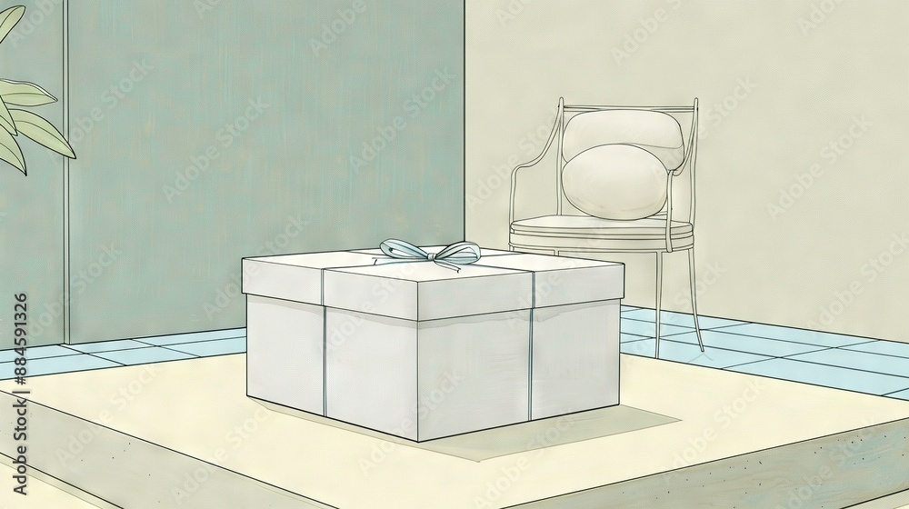 Poster   A white box sits atop the floor alongside a chair and potted plant within a room