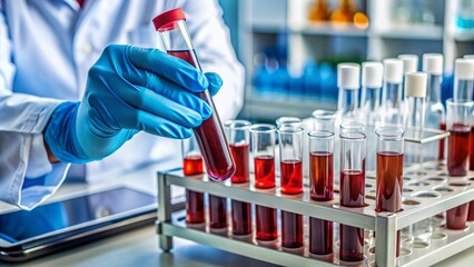 A sterile glove cradles a blood-filled vial amidst rows of labeled tubes and equipment on a laboratory workstation counter.