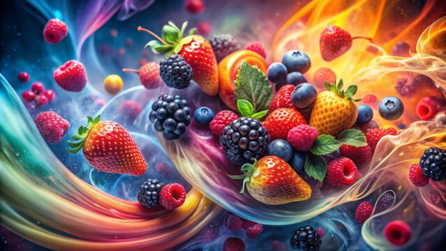 Vibrant abstract swirling vortex of flavored e-liquid mist, berries, and fruits, set against a mesmerizing colorful generative AI background.