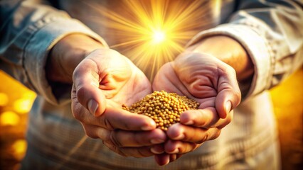 Delicate fingers cradle a small mustard seed symbolizing unwavering faith, hope, and love in a profound biblical spiritual concept.