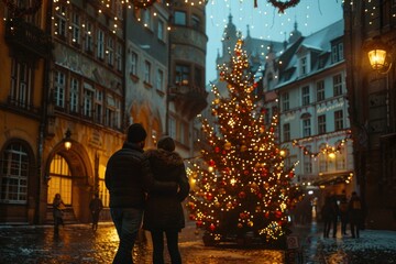 Fototapeta premium Couple in warm clothing lovingly embraces, admiring a lit christmas tree in a cozy market square