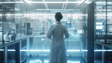 Scientist in a Futuristic Lab Analyzing Data