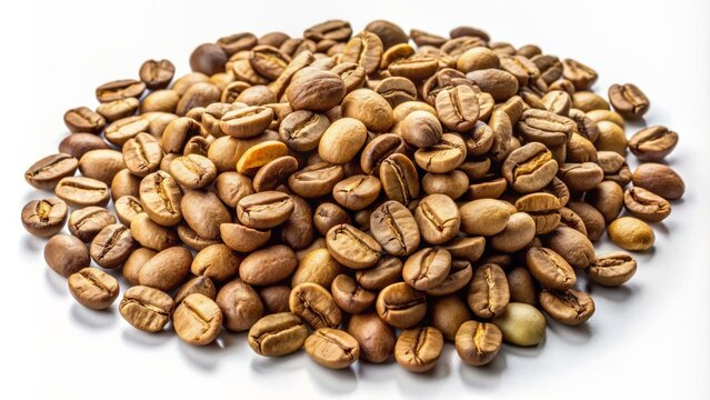 Freshly harvested unroasted coffee beans scattered in disarray on a clean pristine white background with subtle shadows emphasis.