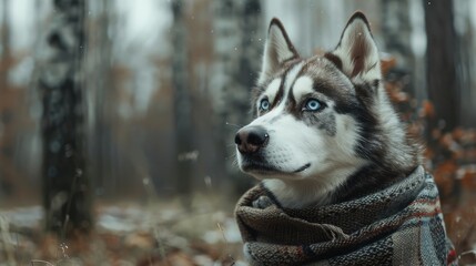 Obraz premium Close up of a Husky dog in a forest with blue eyes and scarf