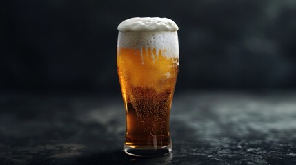 An ice-cold glass of beer with a thick head of foam