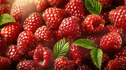   A cluster of raspberries with lush green foliage on top and bottom