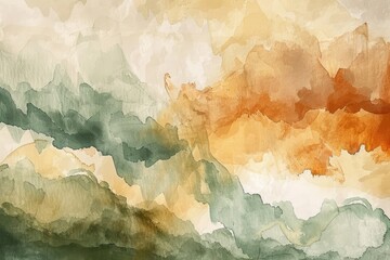 Abstract watercolor background with an earthy palette of browns, greens and ochres. Watercolor depicting a natural scene.