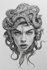 Medusa with snakes coming out of hair, pencil drawing in the style of simple design for tattoo inspired