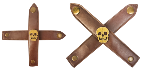Isolated png photo of brown colored leather crossed straps with skull rivet ornaments and brass rivets on transparent background.