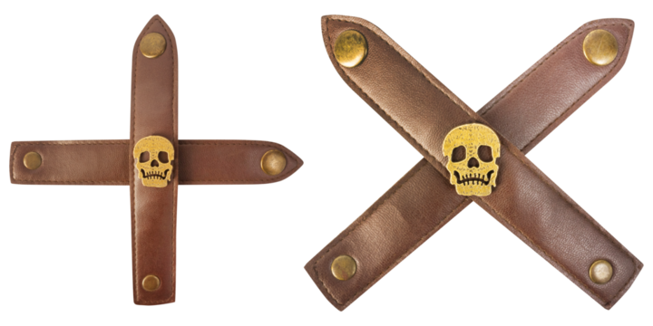 Isolated png photo of brown colored leather crossed straps with skull rivet ornaments and brass rivets on transparent background.