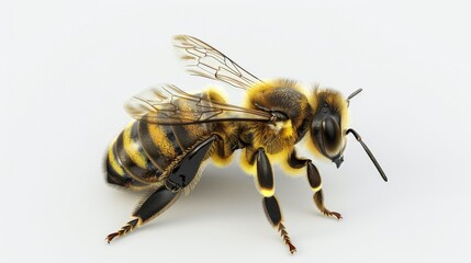 Intricate and lifelike 3D vector rendering of a bee isolated on a white backdrop, depicting the process of collecting honey or propolis.