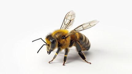 Intricate and lifelike 3D vector rendering of a bee isolated on a white backdrop, depicting the process of collecting honey or propolis.
