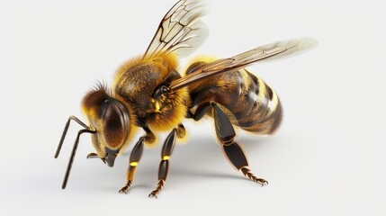 Intricate and lifelike 3D vector rendering of a bee isolated on a white backdrop, depicting the process of collecting honey or propolis.
