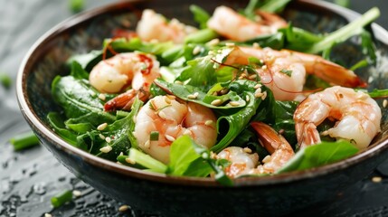 The national cuisine of Japan. Pak choi salad with shrimp.