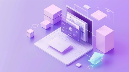 Obraz premium Isometric 3D file processing icon on white in purple pastel background. 3D image in high resolution.