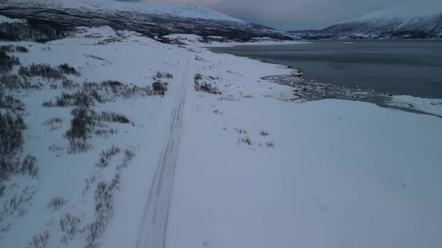 Winter aerial video in nature in &Oslash;vre-Alta, Finnmark, Norway.