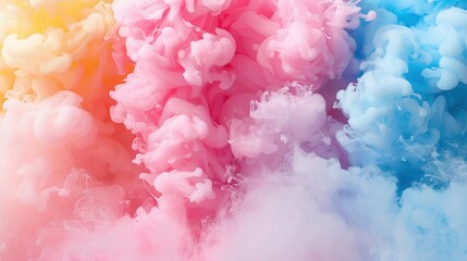 Fototapeta premium A multicolored cloud of smoke on a blue, yellow, pink, and green background with the rainbow's colors