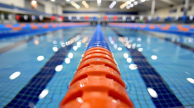 Close Up View Of Lane Line In Empty Competitive Swimming Pool With Orange And Blue Lane Markers