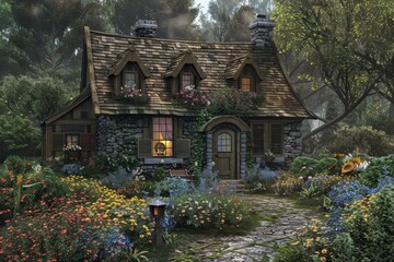Magical illustration of a cozy thatched cottage amidst a vibrant flower garden
