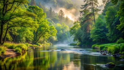 Obraz premium Serene misty morning scene of a gently flowing river surrounded by lush green forest with dense foliage and tall trees.