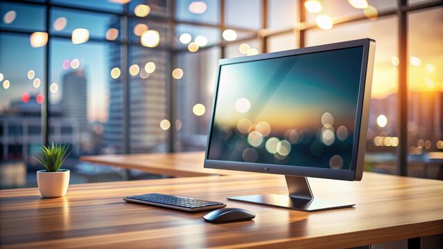 Modern high-resolution flat screen computer monitor on a tidy office desk with a blurred background and subtle lighting effects.