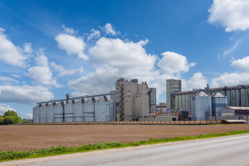 Obraz premium silos on agro-industrial complex with seed cleaning and drying line for grain storage. Granary elevator