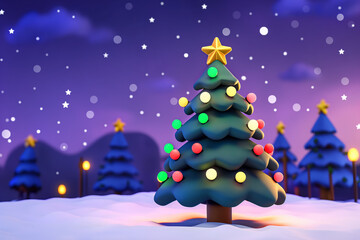  Christmas Tree with Colorful Lights in Snowy Forest at Night with Starry Sky