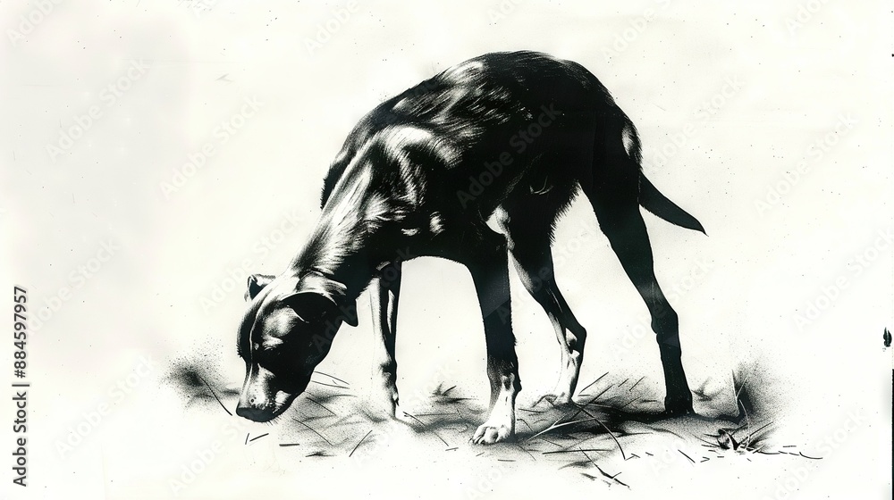 Canvas Prints   Black and white photo of a dog sniffing the ground with its head down and nose to the ground