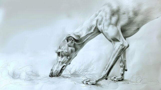   A monochrome illustration depicting a graceful giraffe stooping to nibble on parched blades of grass