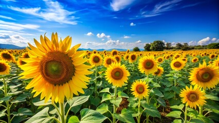 Fototapeta premium A field of sunflowers under a clear blue sky.