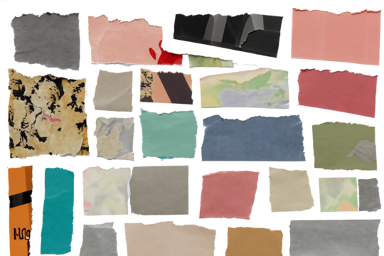 A collection of torn paper with various colors and patterns