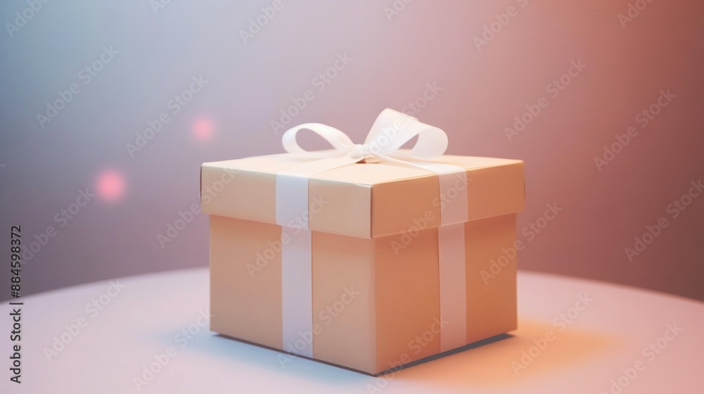 Poster a gift box with a white ribbon and bow sits on a table