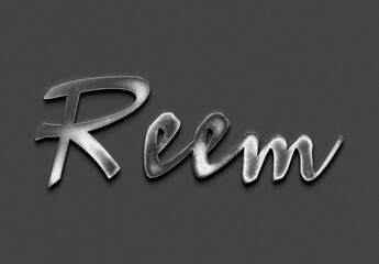 Chrome metal 3D Arabic name design of Reem on grey background.
