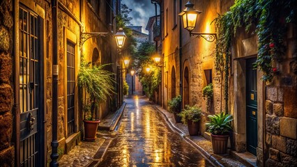 Fototapeta premium A charming and detailed photo of a narrow alleyway in an old town, glistening with rain and illuminated by soft streetlights.