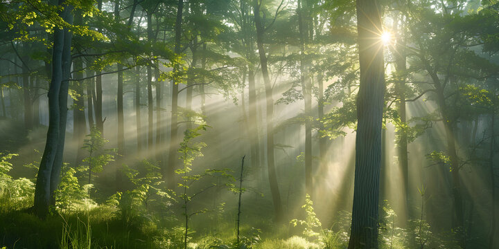 floresta com neblina sob a luz matinal