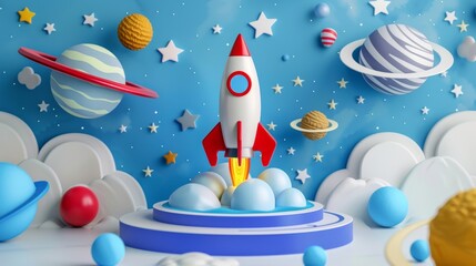 Naklejka premium 3D kid podium stage with space rocket, galaxy planets and stars. Kids podium stand on background with cartoon toy rocket spaceship and galaxy planets in sky with stars for product display.