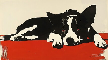  A monochromatic depiction of a pooch reclining atop a scarlet backdrop, with forepaws planted firmly on the earth
