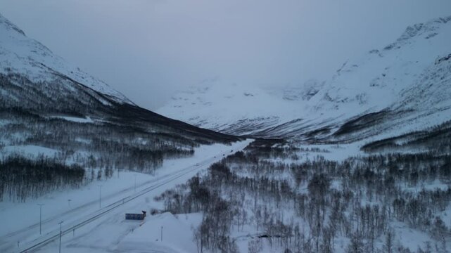 Winter aerial video in nature in &Oslash;vre-Alta, Finnmark, Norway.