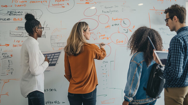 Agents sharing innovative ideas on a whiteboard, inventive and collaborative, left third copy space